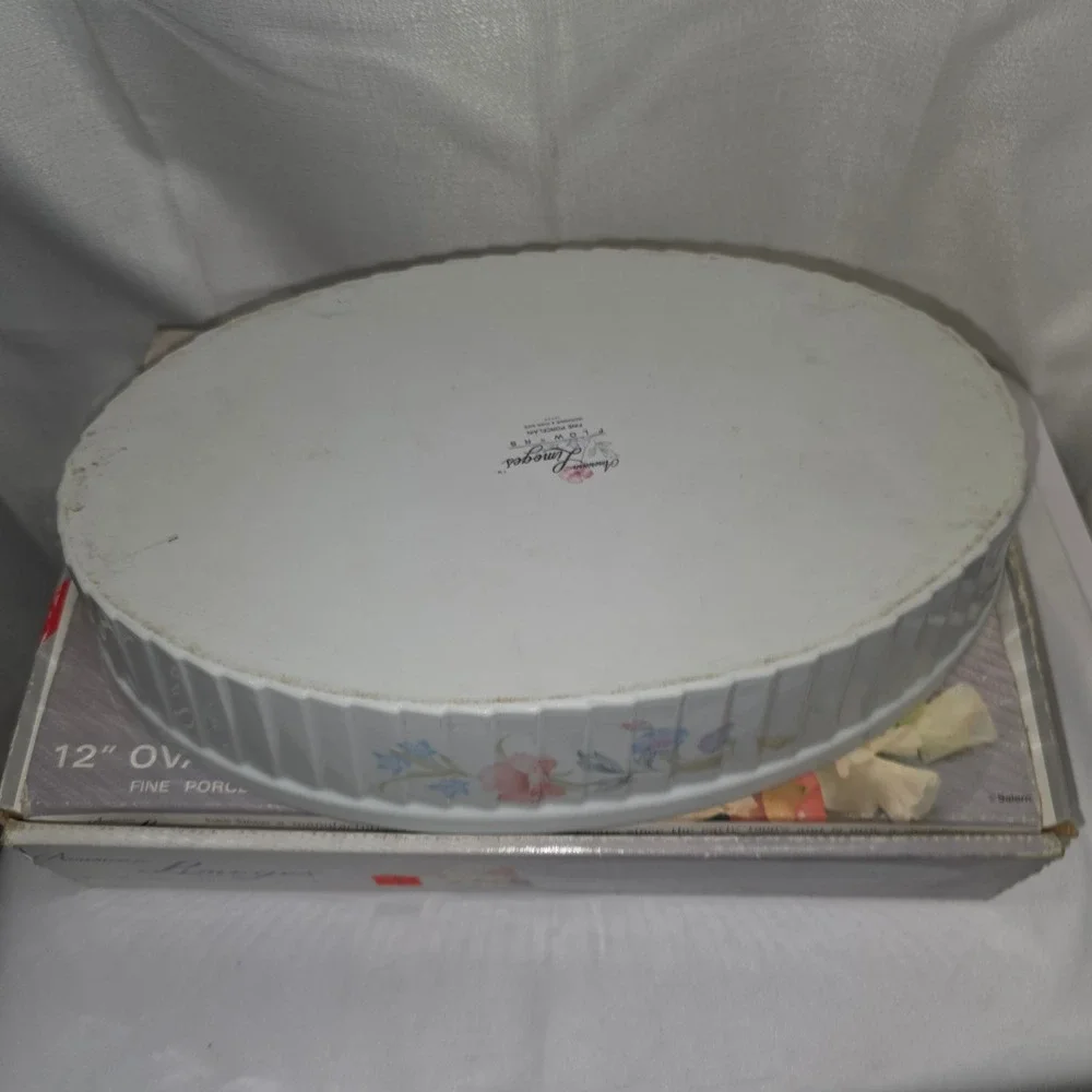 American Limoges Flowers 12 Inch Oval Baker Fine Porcelain Floral Casserole Dish